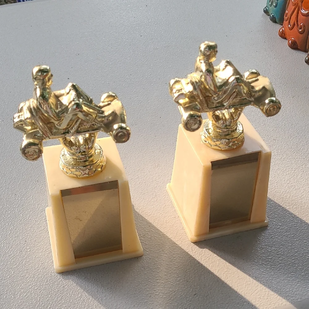 Vintage Gold Cream Go Kart Trophies Two Awards Blank‎ Front Plates